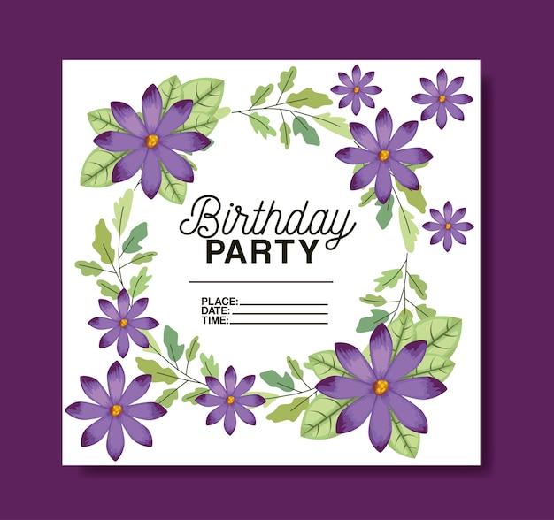 birthday party card with floral frame