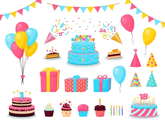 Birthday party cartoon decorations Child partying cute celebration elements Cupcake presents festive cake balloons recent vector collection