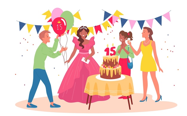 Vettore celebrazione della festa di compleanno per la ragazza principessa adolescente in abito rosa e gli amici festeggiano