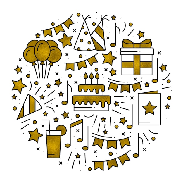 Вектор День рождения партии концепция тема в золоте. круг с золотой день рождения символы и основные элементы партии на белом фоне. круглая печать в стиле линии.