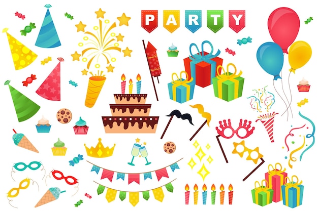 Birthday party cute set in flat cartoon design Vector illustration