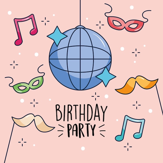 Birthday party design with disco ball and party props around over pink background