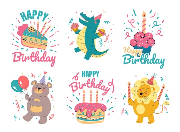 Birthday party element animal template isolated set flat graphic design illustration