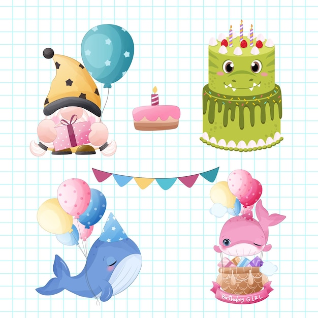 Birthday party elements set Cute cartoon animals Vector illustration