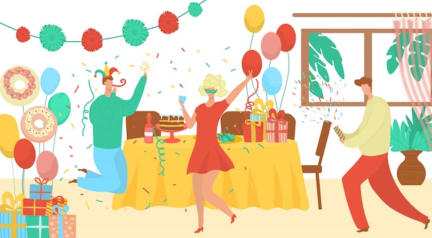 Birthday party event agency offer flat   illustration with clowns, decorations, gift boxes. special dates, family and birthday celebration.