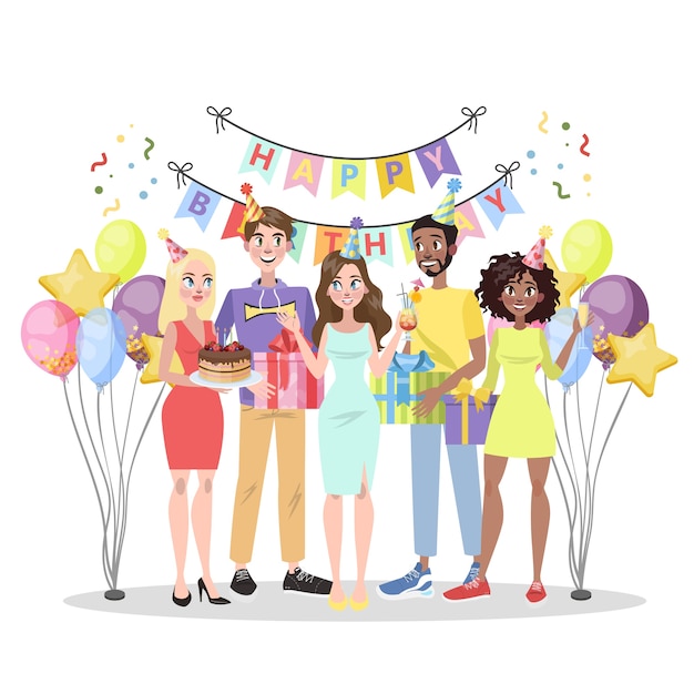 Festa di compleanno. persone felici in festa con confezione regalo. torta e alcol, musica e decorazione. festa di anniversario. illustrazione