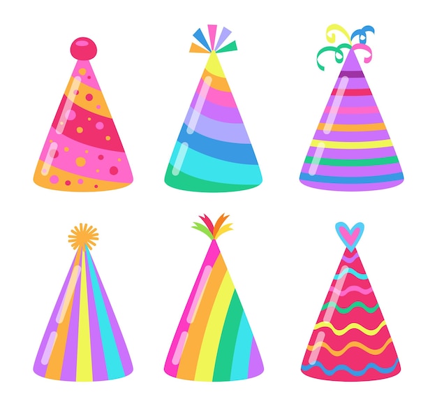 벡터 생일 파티 모자 만화 그림 세트입니다. 축하를 위한 다채로운 액세서리, 흰색 배경에 격리된 어린이를 위한 카니발 종이 원뿔 모자. 휴일, 축제 분위기 개념