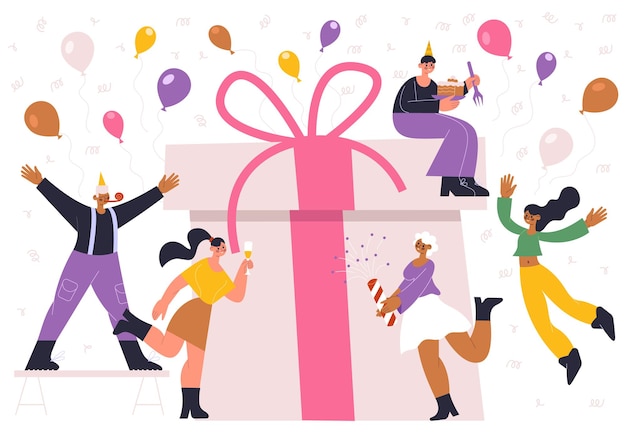 Birthday party holiday celebrating people and huge gift box. your joyful celebrating people with confetti and balloons vector illustration. happy birthday party celebrating. birthday present and gift