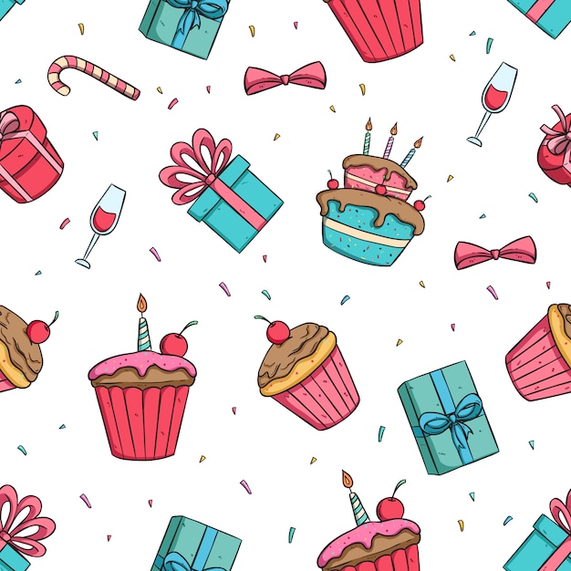 birthday party icons or decoration in seamless pattern with colored doodle style