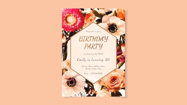 Birthday Party Invitation Card in floral design with elegant flowers