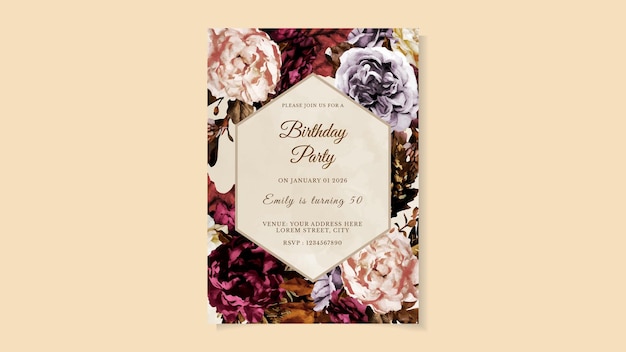 Birthday Party Invitation Card in floral design with elegant flowers