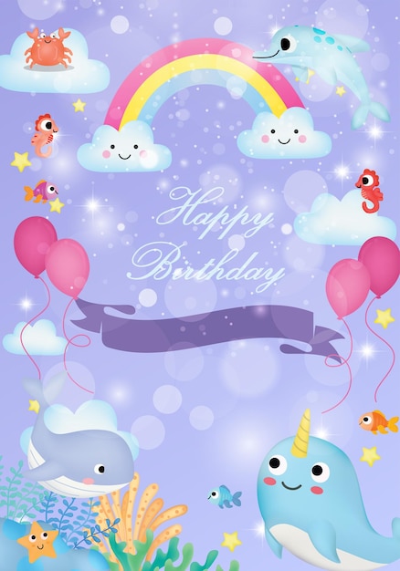 Birthday party invitation card template with a cute sea character marine