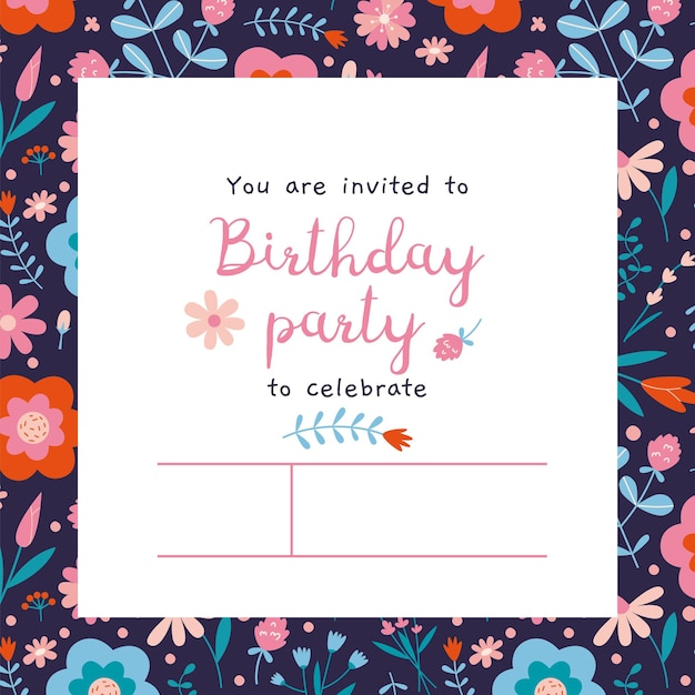 Vector birthday party invitation card template with spring vibe flower pattern cartoon style trendy modern vector illustration hand drawn flat