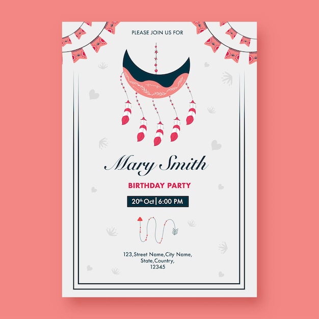 Birthday party invitation card with crescent moon shaped dreamcatcher in white color.