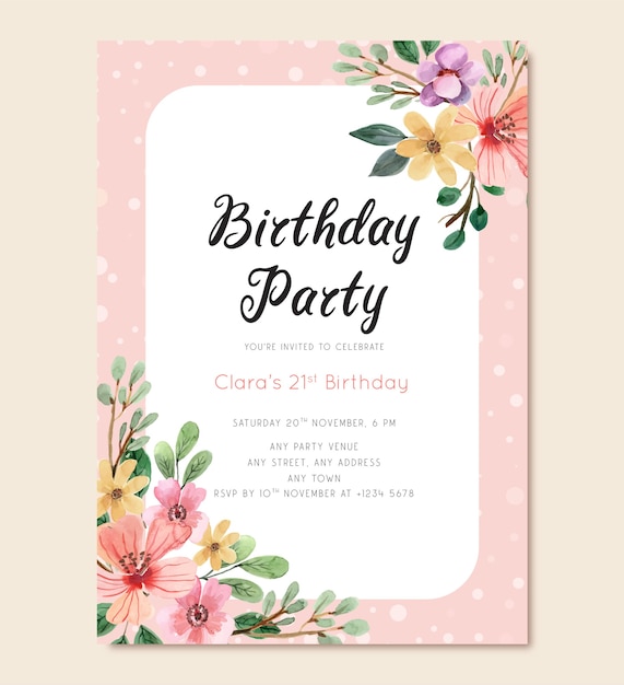 Vector birthday party invitation card with flowers and polkadot