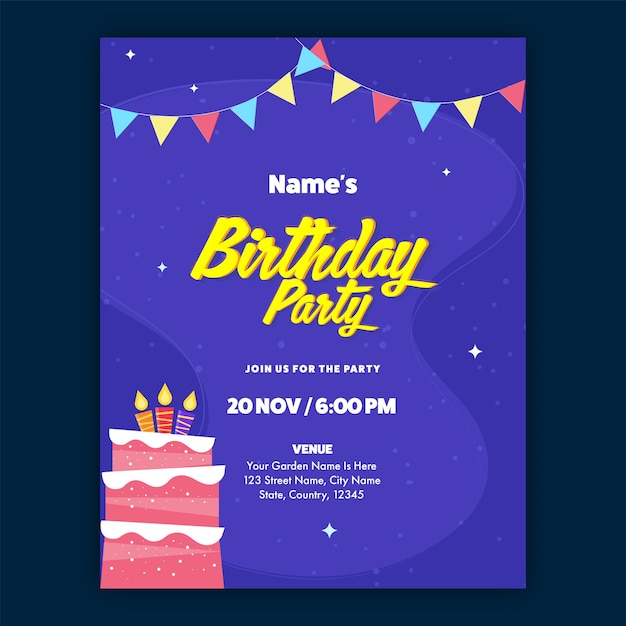 Birthday party invitation card with lit candles on delicious cake and event details.