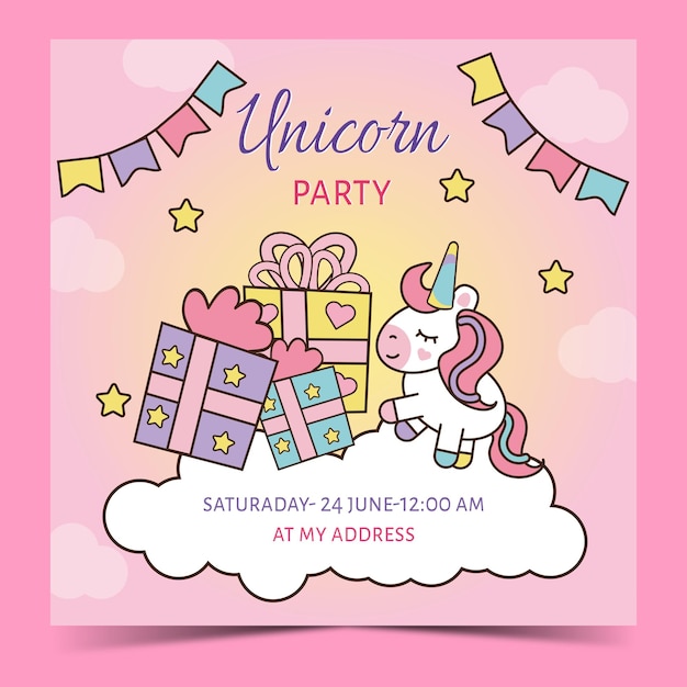 Birthday party invitation cute unicorn with gifts in vector