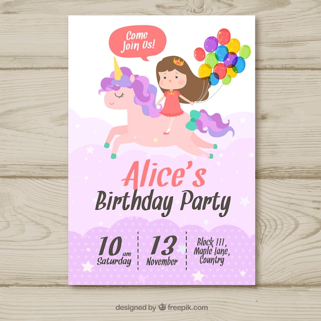 Vector birthday party invitation girl with unicorn