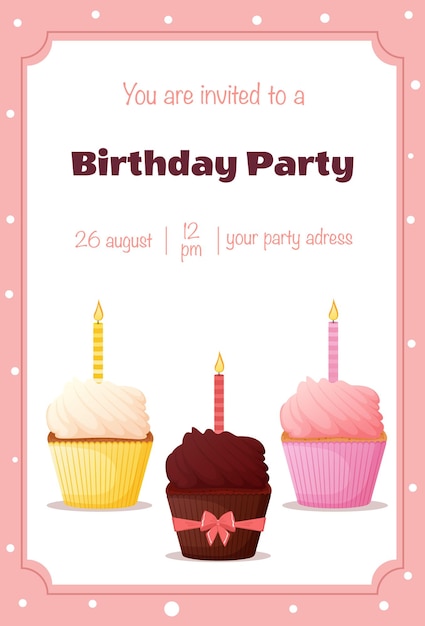 Vector birthday party invitation greeting card with cake