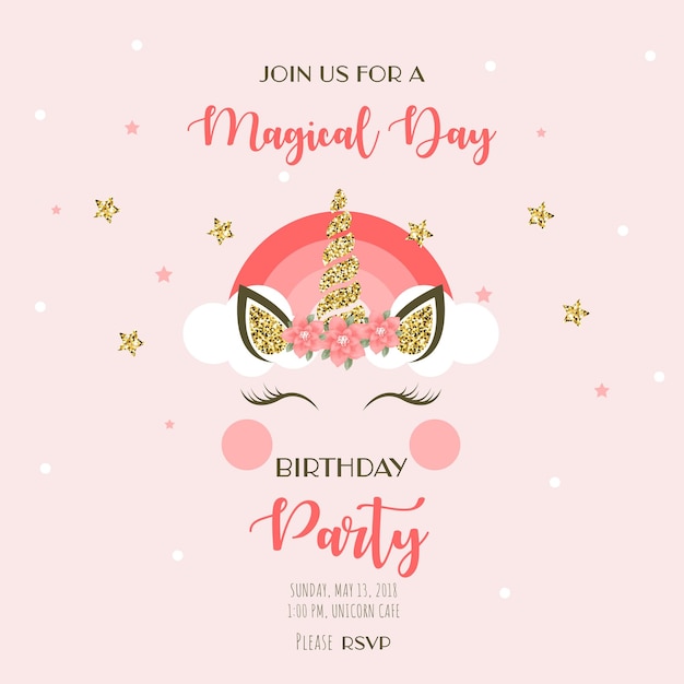 Birthday party invitation for kids with cute unicorn