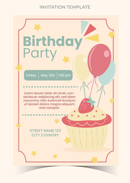 Vector birthday party invitation template cupcakes balloons and stars vector illustration