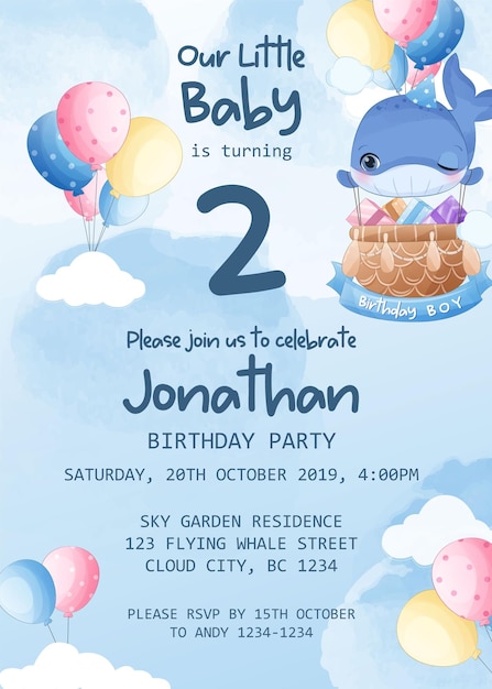 Vector birthday party invitation template with flying whale