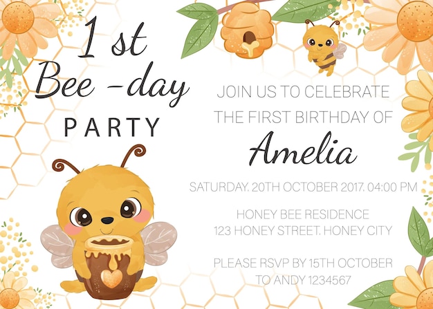 Birthday party invitation template with honey bee