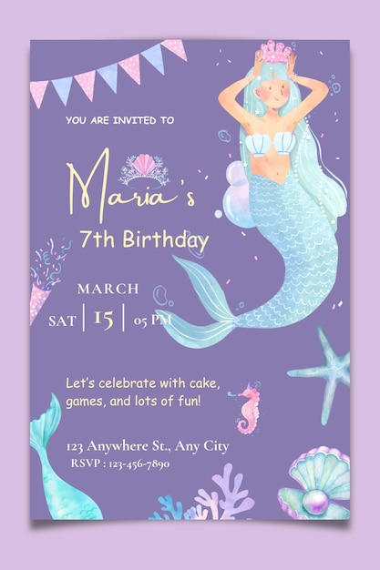 수채화 해녀 터 일러스트레이션으로 생일 파티 초청 템플릿 생일 소녀
