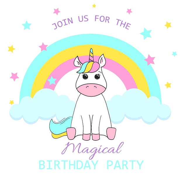 Birthday party invitation with a baby unicorn vector illustration on white background