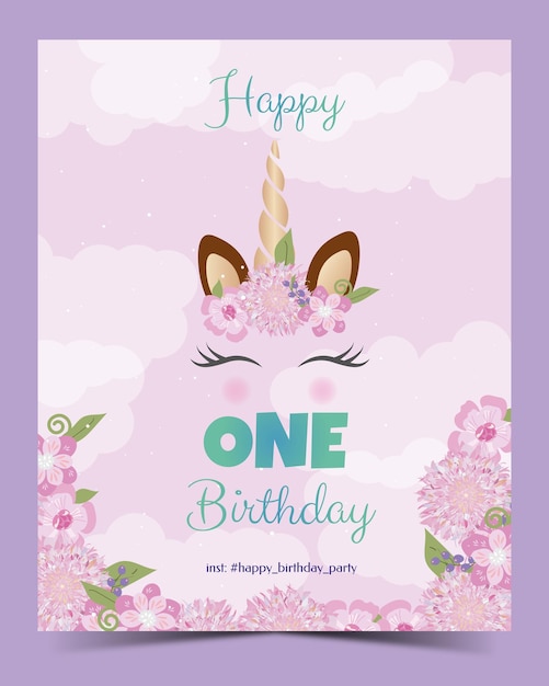 Vector birthday party invitation with blue clouds and unicorn background in vector