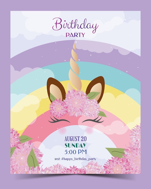 Birthday party invitation with colorful rainbow and unicorn background in vector