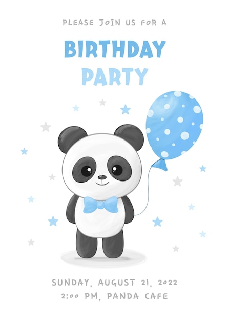 Vector birthday party invitation with cute little panda boy blue balloon and bow tie vector illustration