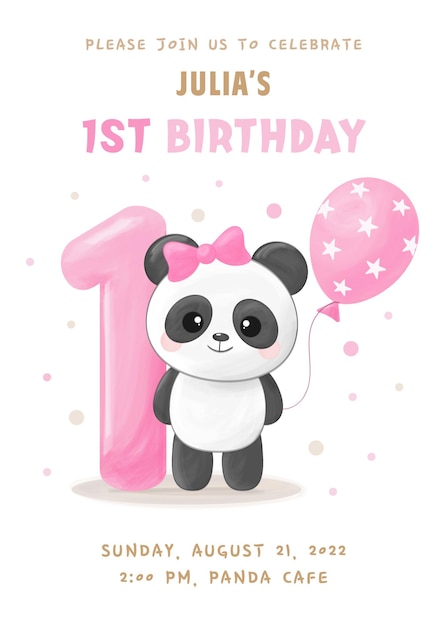 Birthday party invitation with cute little panda girl with figure one pink balloon and bow