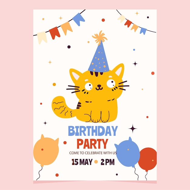 黄色い可愛い猫のキャラクターが描かれた誕生日パーティーの招待状