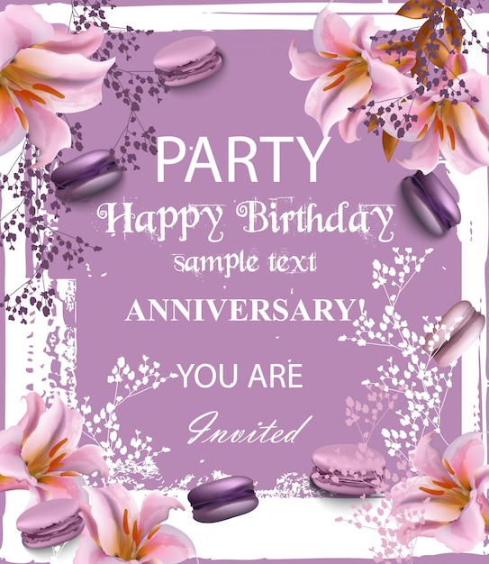 Birthday party invitation with flowers and macaroons