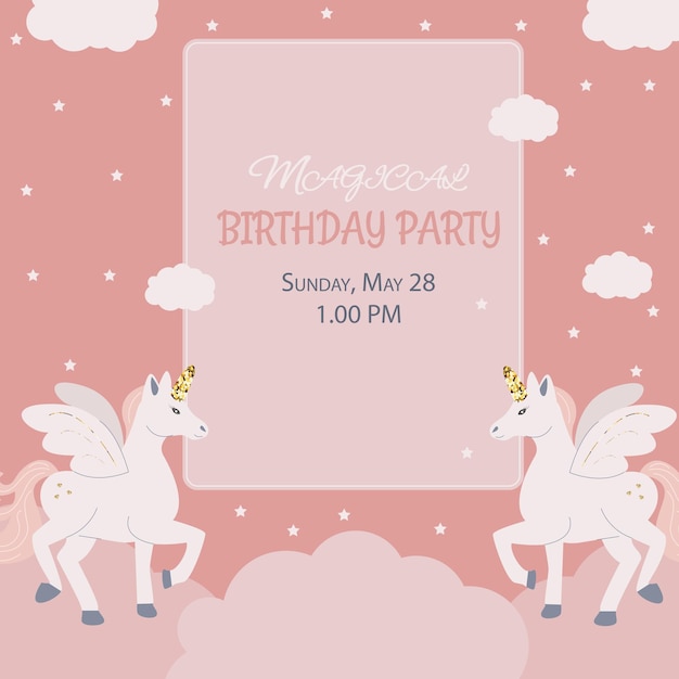 桃の背景に双子のユニコーンと誕生日パーティーの招待状