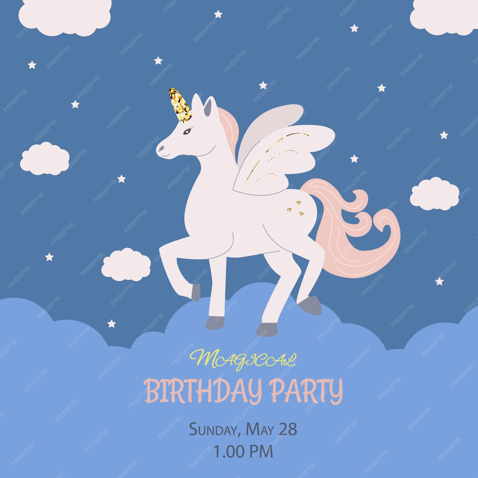 Premium Vector | Birthday party invitation with unicorn on blue ...