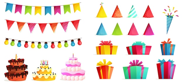 Birthday party isolated elements set with colorful presents fairy lights flags colorful balloons