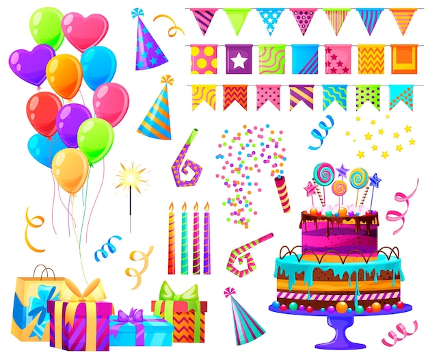 Birthday party items celebration elements decoration celebrate Cake lollipops cone hats candles confetti balloons flag garland flapper gift boxes ribbon bows sparkler Vector illustration