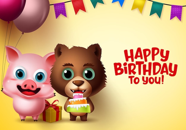 Birthday party kids animal vector characters Happy birthday text with pig and bear animal