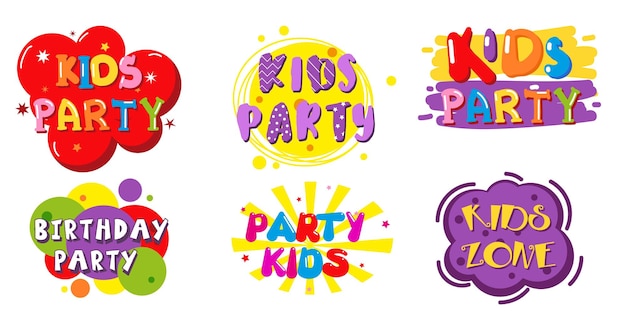 Vector birthday party kids zone label banner set vector isolated illustration abstract color shapes creative hand lettering typography for party invitation card children game room or center logo