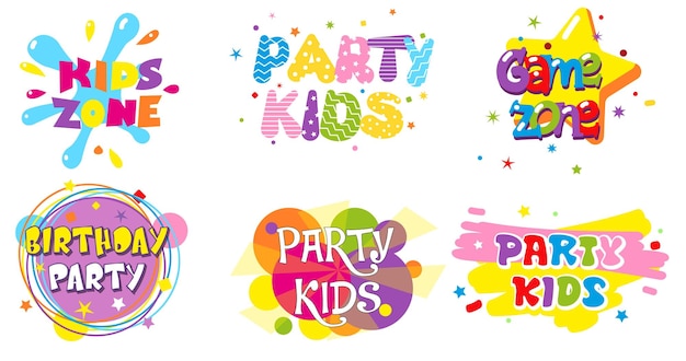 Birthday party kids zone label banner set vector isolated illustration