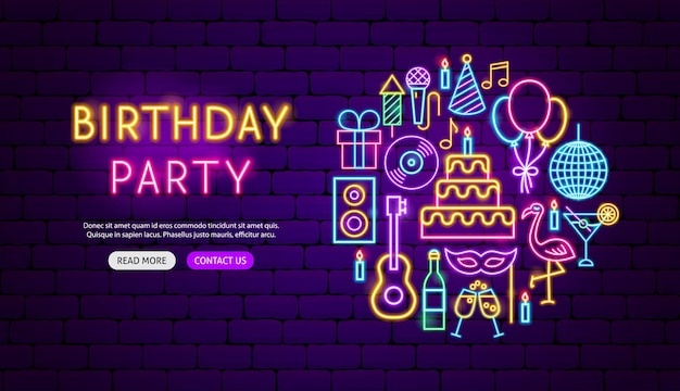 Vector birthday party neon banner design. vector illustration of celebration promotion.