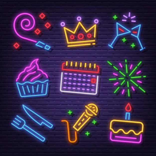 Birthday party neon icon set