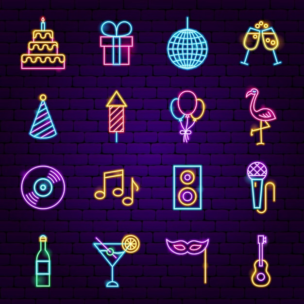 Birthday Party Neon Icons. Vector Illustration of Happy Promotion.