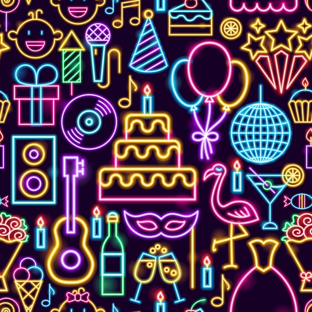 Birthday Party Neon Seamless Pattern. Vector Illustration of Celebration Background.