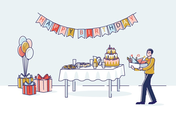 Birthday party preparation with cartoon man carrying box