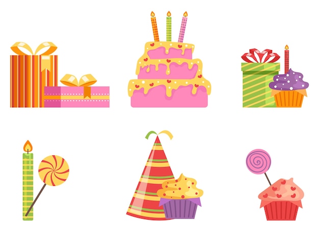 Birthday party present box card cupcake abstract design element concept illustration set