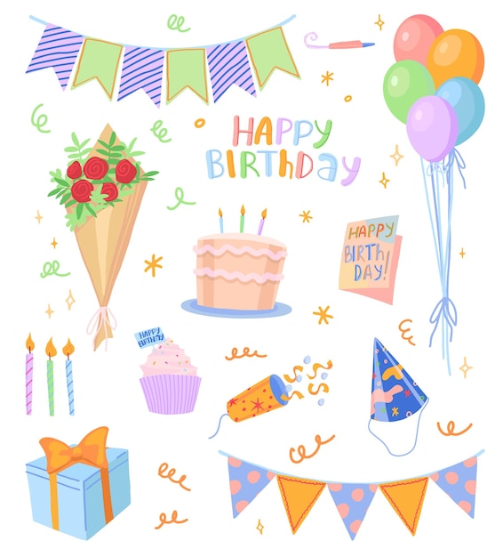 誕生日パーティー セット漫画ベクトル イラスト ブーケ ケーキ ポッパー ギフト カード風船お祝いフラグ白で隔離明るいモダンなクリップ アート