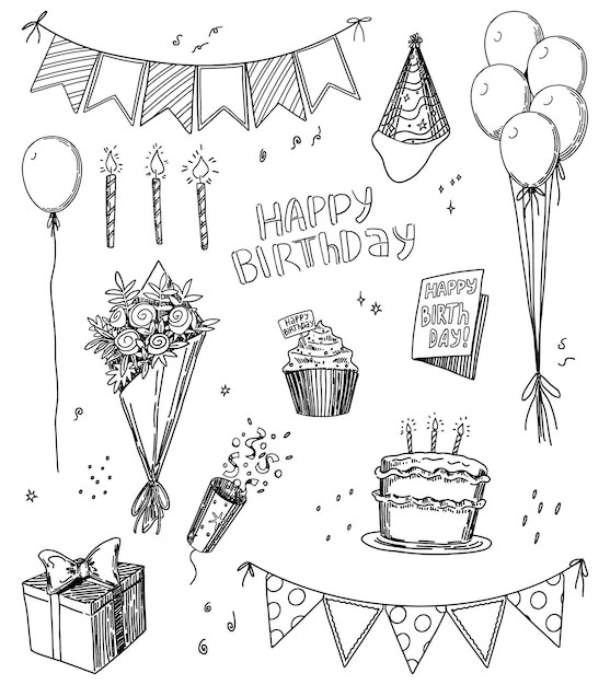 Birthday party set hand drawn vector illustrations of bouquet cake popper gift card balloons festive flags outline clip arts isolated on white